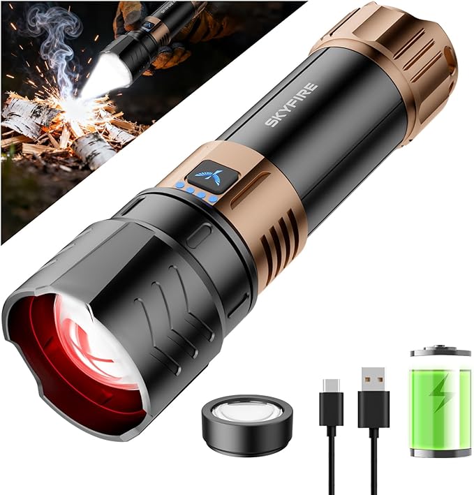 SKYFIRE Rechargeable Flashlights High Lumens Plus with Ignition Lens,3000lm Super Bright Flashlight,7500mAh,Zoomable,Waterproof Tactical Flash Light for Camping Essentials Outdoor Home&Gifts-Upgraded