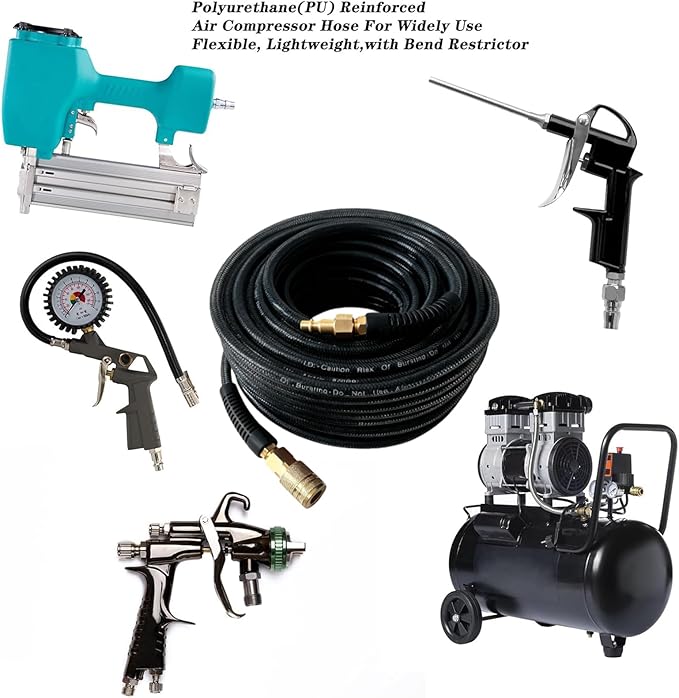 Air Hose 1/4 in x 100 ft, Polyurethane(PU), Reinforced Air Compressor Hose, Lightweight, Kink Resistant with 1/4??Industrial High Flow Quick Coupler and Plug, Bend Restrictors,300 PSI (Black, 100FT)