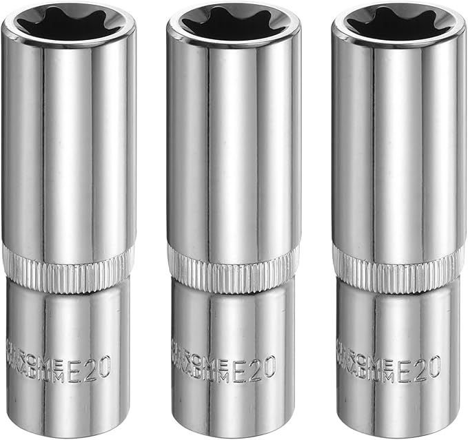 HARFINGTON 3pcs E-Torx Socket 1/2" Drive E20 Star Female Socket 3.1" Length External Torx Deep Sleeve Chrome Plating 6 Point Spline Sleeve for Auto Repairs Home Maintenance