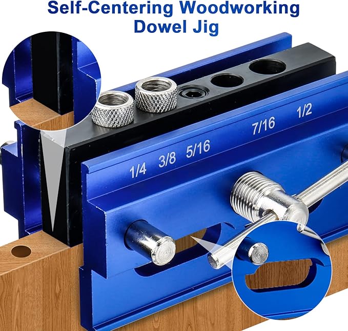 Self Centering Dowel Jig Kit, Drill Jig for Straight Holes Biscuit Joiner Set, Adjustable Drilling Guide Wood Working Tools with 3 Drill and 6 Drill Guide Bushings, Wood Doweling Jig for Woodworking