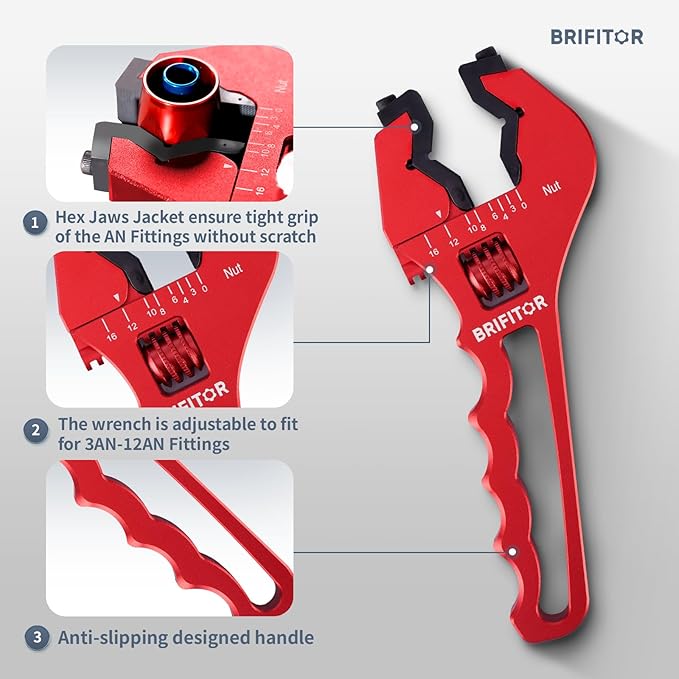 BRIFITOR Non Marring AN Fittings Wrench Adjustable Aluminum AN Wrench For 3AN-16AN Hose End Fittings With Replaceable Hex Type & Flat Type Jaw Protectors, Red.