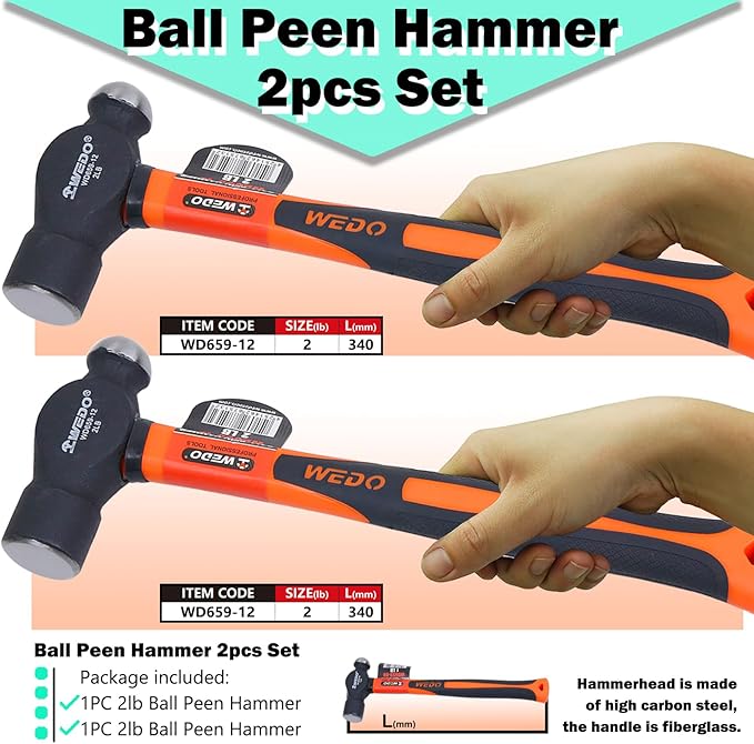WEDO 2PCS Ball Pein Hammer Set,2lb+2lb,Fiberglass Handle,Ball Peen Hammer,Length 340mm,High Carbon Steel,Shock Resistant,Non-Slip Handle,Die-forged