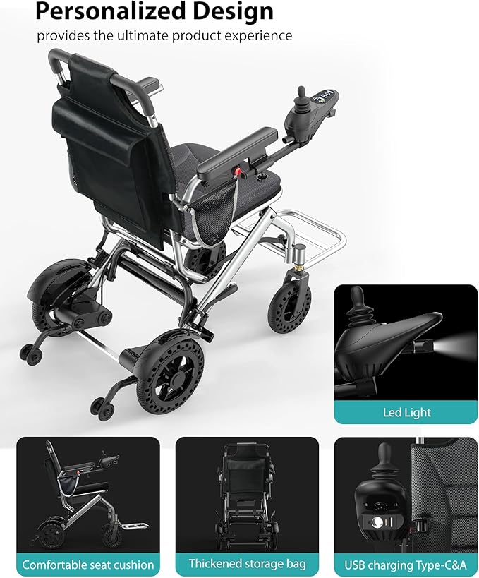 Goldseason 330lb Bearing Portable Electric Wheelchair for Adults & Seniors ??33lbs Lightweight Electric Wheelchair, Side Pockets for Essentials, Airline Approved for Travel, Silver-Gray