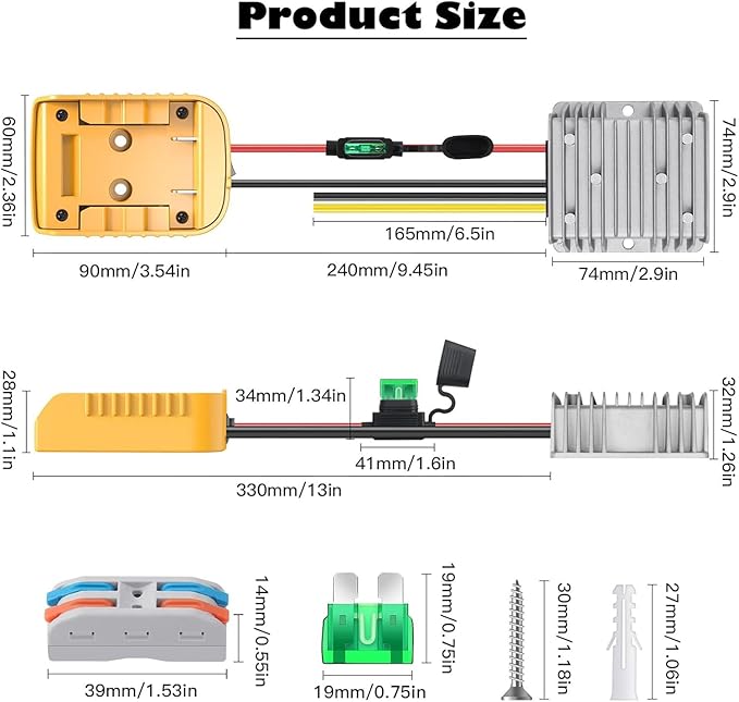 20V to 12V Step Down Converter for Dewalt Battery, DC Voltage Battery Power Adapter,20A 240W Buck Converter Regulator,with Over Discharge Protection, Switch and Fuse.