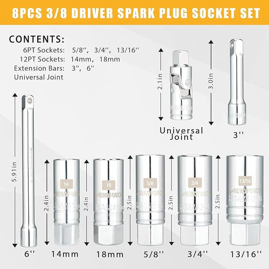 AEROFORCE 3/8-Inch Drive Spark Plug Socket Set 8PCS - Includes 6 Point Sockets 5/8-inch, 3/4-inch and 13/16-inch, 12 Point Sockets 14mm&18mm, 2 Extension Bars,Universal Joint