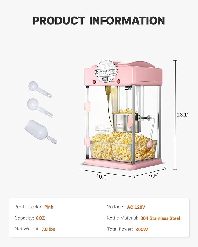 6 Oz Popcorn Machine, Tabletop Popcorn Maker, Countertop Pop Corn Machine, Movie Theater Popcorn Popper Machine with Stainless-Steel Kettle, Measuring Tool for Home Family, 300 W, Pink