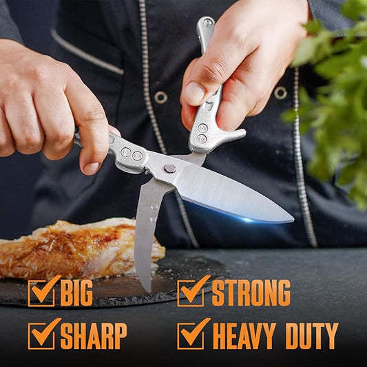 Poultry Shears, Kitchen Shears Heavy Duty for Food With Anti-Slip Handle & Safety Lock, Meat Scissors, Chicken, Lobster, Quail, Fish, Food Cutting Scissors, Bone Cutter - Spring Loaded