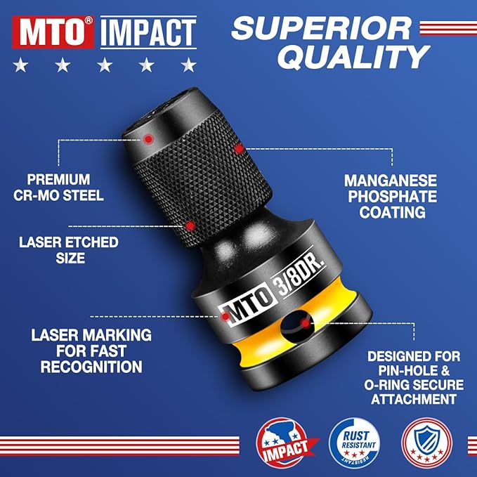 MTO 3/8-Inch Square Drive to 1/4-Inch Hex Socket Adapter, Quick Release Impact Bit Holder, for Impact Wrench Ratchet, CR-MO