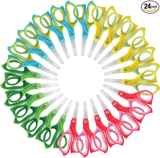 JARVISTAR 5.5" Kids Scissors, Comfort Grip Student Safety Tool, Blunt Tip for Left and Right Handed Children, With Cover for School, Teachers, Toddlers Crafts, 24 Pack
