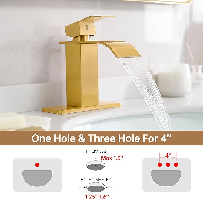 FRANSITON Brushed Gold Waterfall Bathroom Faucet Lavatory Single Handle 1 or 3 Hole Bathroom Sink Faucet with Deck and Pop-up Drain (Brushed Gold, Short)
