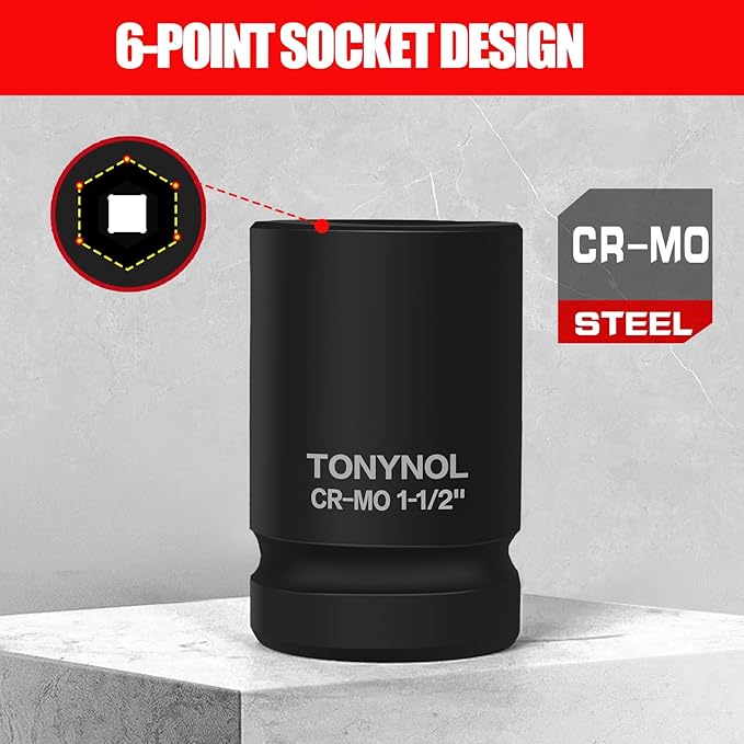 3/4 Inch Drive Deep Impact Socket Set,6-Point,Sae Size(7/8??to 1-1/2??,10 Pcs,Cr-Mo.Heavy Duty Impact Socket Set,With a Storage Case.