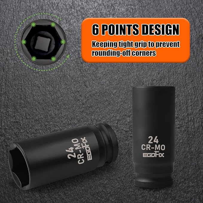 1/2" Drive Deep Impact Socket, 24mm Metric Socket, Axle Nut Socket CR-MO 6 Point for Easy Removal of Axle Shaft Nuts