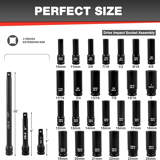 29pcs 1/2" Socket Set, Drive Deep Impact Socket Set, Including 3 ", 5", 10" Impact Extension Bar, Standard SAE (3/8 "- 1") and Metric (10mm-24mm), Cr-V Steel