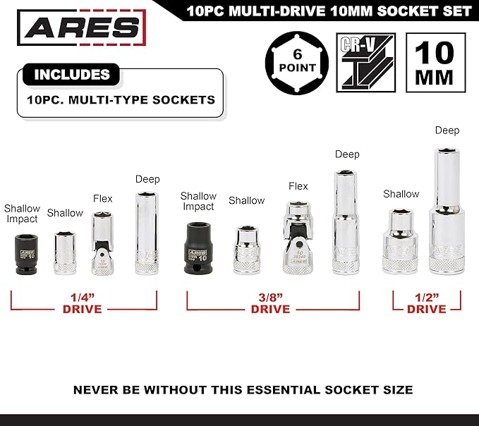 ARES 39017 ??10-Piece Multi-Drive 10mm Socket Set with Aluminum Rail ??Premium Chrome Vanadium Socket Set Includes Shallow and Deep Metric Sockets on Aluminum Rail ??High Visibility Size Markings