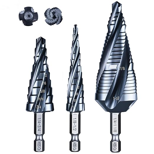 toolant Four Spiral Flute Cobalt Step Drill Bit Set(Pro Max), 1/8"-7/8"(3pcs) Impact Ready Unibit Step 1/4" Hex Shank Step Bits for Metal, Stainless Steel, Aluminum, Wood, Plastic
