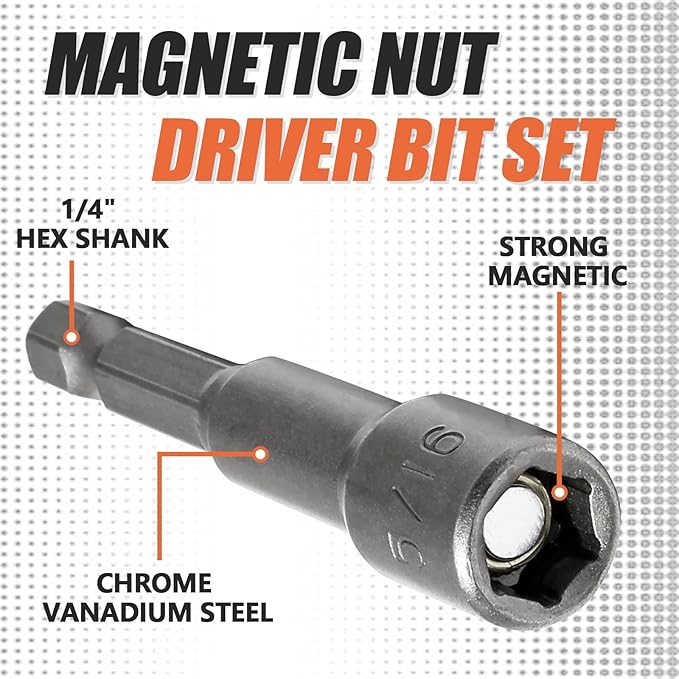 1/4 and 5/16 Inch Magnetic Nut Driver Bit Set, 12 Pcs Chrome Vanadium Steel Impact Drill Bits, Quick Change Socket Nut Driver Adapter with Hex Shank, 65mm Length