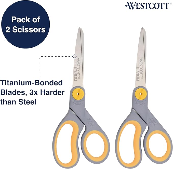 Westcott 8??Titanium Bonded Scissors with Adjustable Glide and Soft Handle, 2-Pack- Durable Multipurpose Scissors for Office, Home, and School Use, Sharp Precision Blades for Everyday Cutting