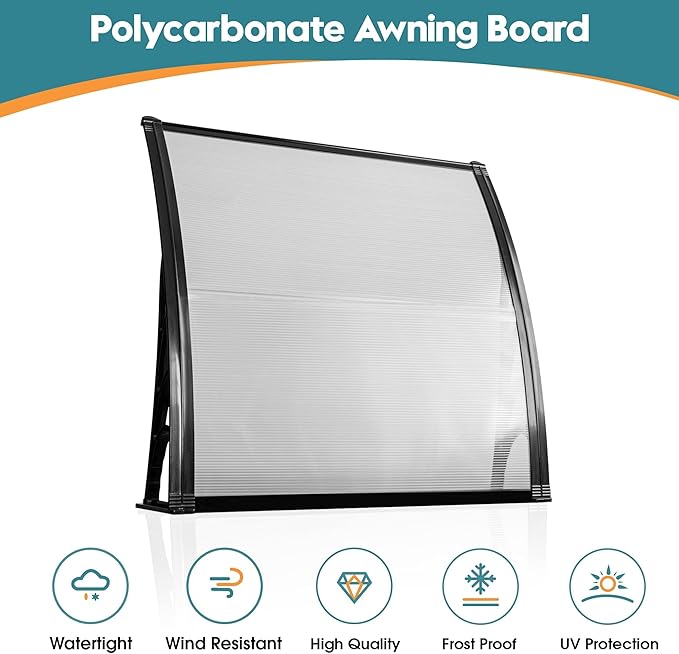 MCombo 39" x 38.6" Window Awning Outdoor Polycarbonate Hollow Sheet Door Patio Canopy, 6055-4040(Glear Board with Black Bracket)