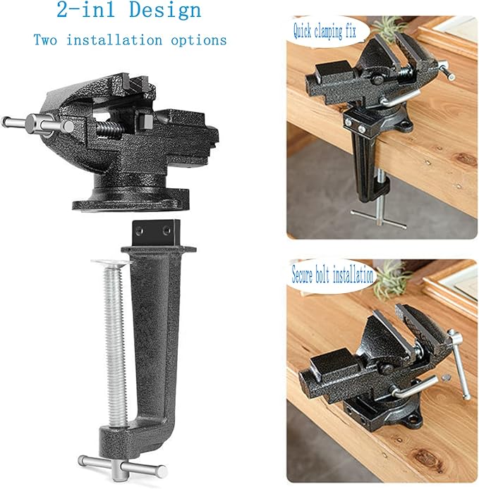 MYTEC Bench Vise or Table Vise, multifunctional jaw, multi-functional Combined Vise with Quick Adjustment, Universal Rotate 360째 Work Clamp-On Vise, 3.3" black