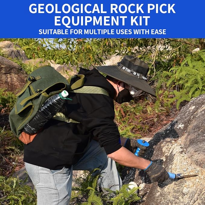 13-Piece Set - Geological Rock Pick Hammer Kit, Rockhound Field Guide - Backpack Portable Chisel and 32-Ounce Hammer Set - Suitable for Gold Mining, Rockhounding and Geology Enthusiasts (Blue)