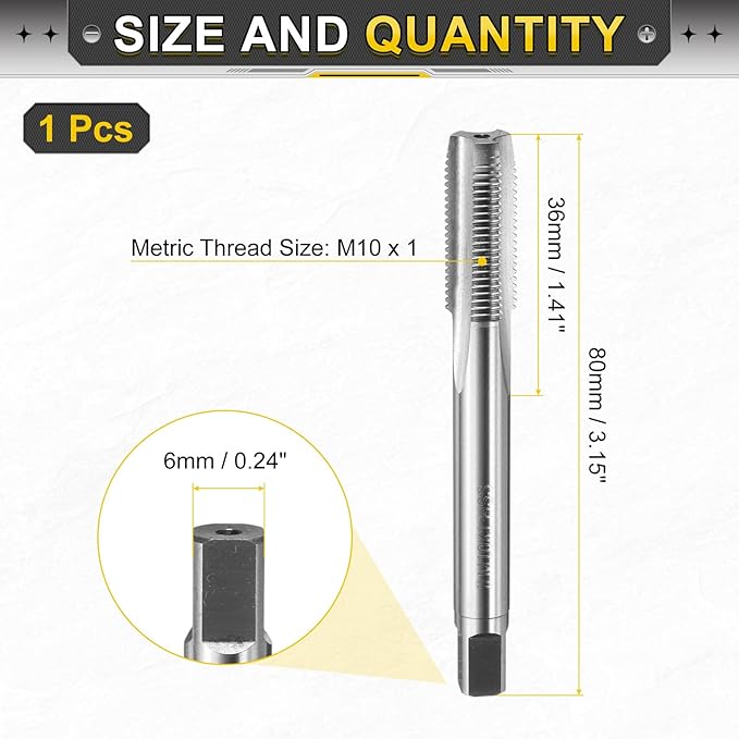 uxcell Hand Plug Tap M10 x 1 H2 Metric Thread Plug Style Taps Straight Flute Screw Tapping Threading Tool 9CrSi Alloy Tool Steel