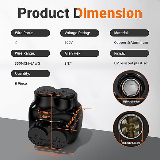 Joinfworld 2 Port Insulated Multi Tap Connector 350MCM-6AWG Wire Connectors Aluminum to Copper Wire Connectors Single Side Entry Black Electrical Cable Connectors with Slotted Allen Hex - 6 Pack