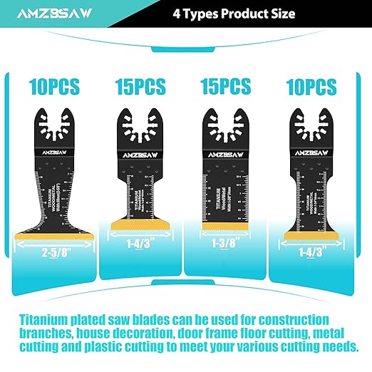 50 PCS Titanium Oscillating Saw Blades Metal Cutting, 4 Types Multitool Blades for Hard Material Soft Metal Nails and Wood Plastic, Multi Tool Blades Kits Fit Dewalt Ryobi Milwaukee Bosch