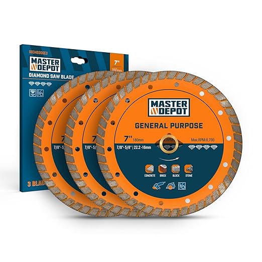 7 Inch Diamond Cutting Blade, Turbo Rim for Angle Grinder Circular Saw Cutter Wheel Dry Wet for Masonry/Concrete/Brick/Stone, 7/8"-5/8" Arbor (180mm, 3 PCS)