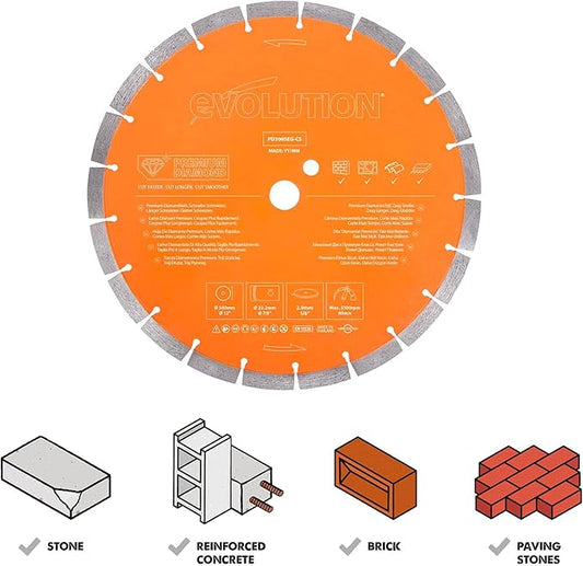 Evolution Power Tools Premium Diamond Blade 12-Inch for Disc Cutter, Concrete Saw | 1 Inch Arbor | High Diamond Concentration | Segmented Diamond Blade for Masonry, Brick, Stone, Roof Tile, Concrete