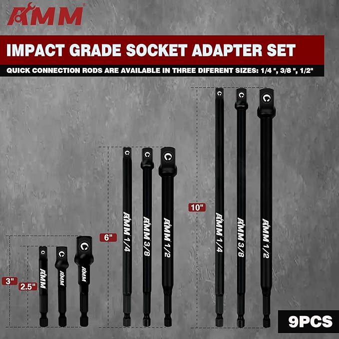 AMM 9-Piece Impact Grade Socket Adapter Set竊?/4", 3/8", and 1/2" Drive | 3", 6", and 10" Socket Driver Adaptor竊똀dapt Your Power Drill To High Torque Impact Wrench