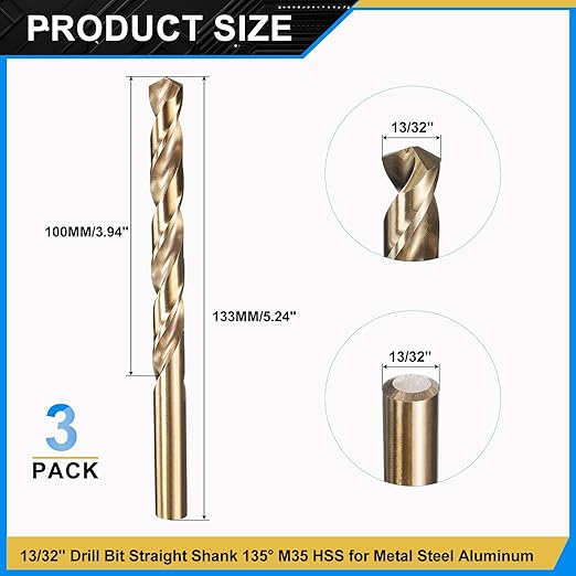 PATIKIL 13/32" Drill Bit, Jobber Straight Shank M35 Cobalt 5% High-Speed Steel 135째 Gold Finish for Stainless Steel Hard Metal - 3 Pack