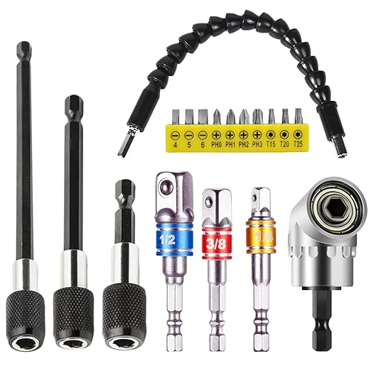 18pcs Flexible Drill Bit Extension Set, Hex Shank 105째 Right Angle Drill Attachment, Bendable, 1/4 3/8 1/2" Universal Socket Adapter Set, 3pcs Drill Bit Holder Extension, Screwdriver Bit Kit