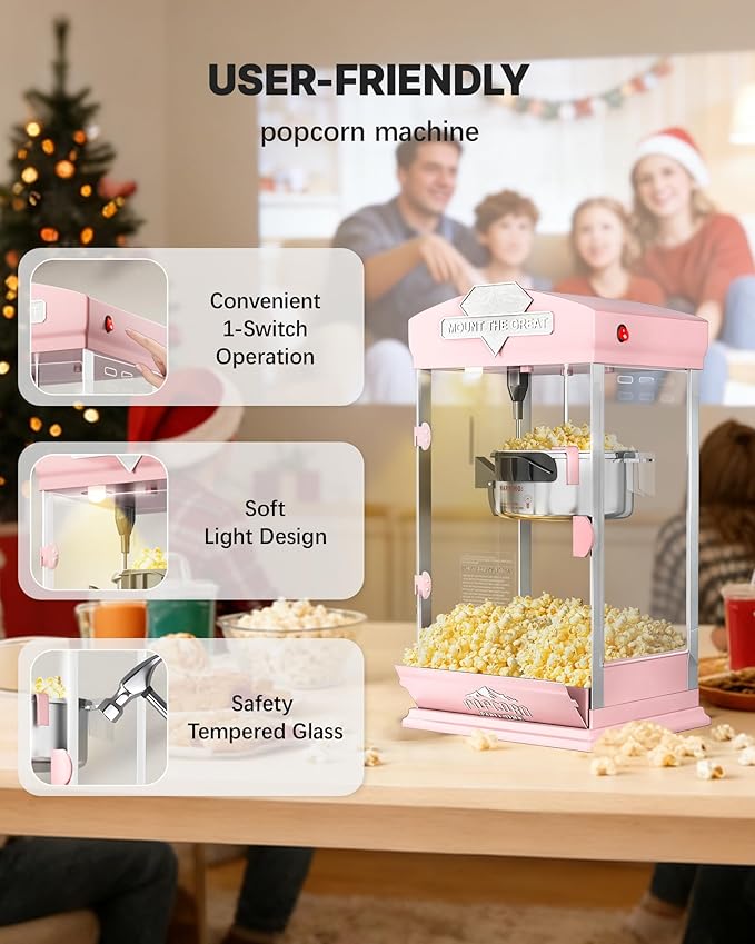 8 Oz Popcorn Machine, Tabletop Popcorn Maker, Countertop Pop Corn Machine Makes Up to 32 Cups, Movie Theater Popcorn Popper Machine with Stainless-Steel Kettle for Home Family, 300 W, Pink