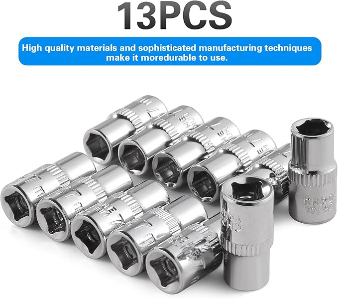 [13pcs] Durable 7mm Socket, 1/4 socket set,Shallow Socket 1/4 Inch Drive 7mm 6 Point, CORROSION RESISTANCE