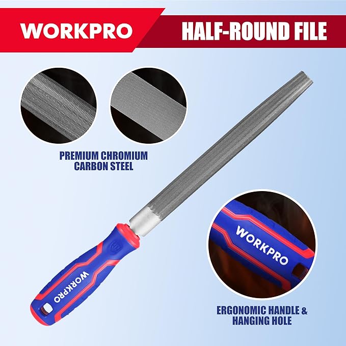 WORKPRO Metal File Set 3PCS 8 Inch High Carbon Steel Flat, Round & Half-Round Files for Metal, Wood & Plastic, Durable Hand Tools for Shaping, Smoothing & Finishing