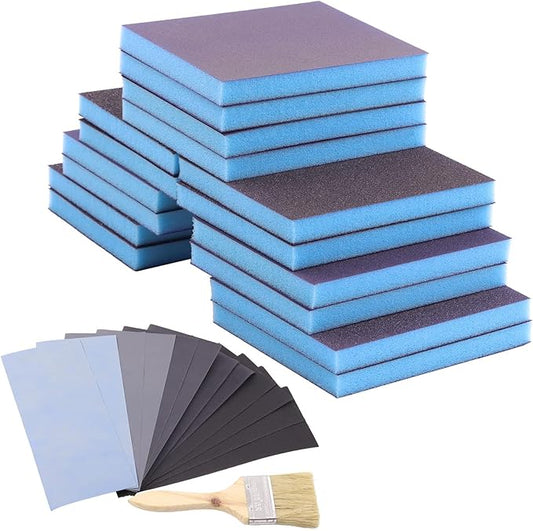 Swpeet 29Pcs 4.72 x 3.9 x 0.47 Inch 8 Sizes Blue #36-5000 Grit Ultra Fine Wet and Dry Sanding Sponge Sanding Blocks and 6 Sizes Sandpapers Sheets with Wooden Paint Brush Kit