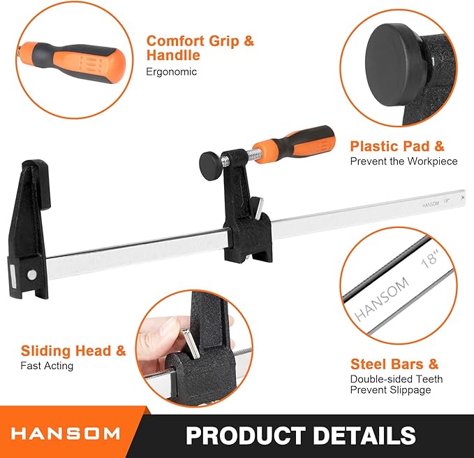 HANSOM 4-Pack 18 inch Bar Clamps,Long Wood Clamps Heavy Duty Force 600 Lbs Adjustable and Release Quickly,Woodworking Clamps Throat Depth 2.5 inch with Plastic Handle