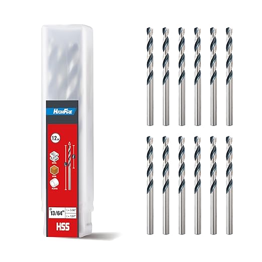 HIGHFIRE 13/64" Jobber Length Drill Bits, Pack of 12 pcs, High Speed Steel Twist Drill Bit with Storage Case, 135 Degree Tip for Wood, Metal, Steel, Plastic, Aluminum Alloy