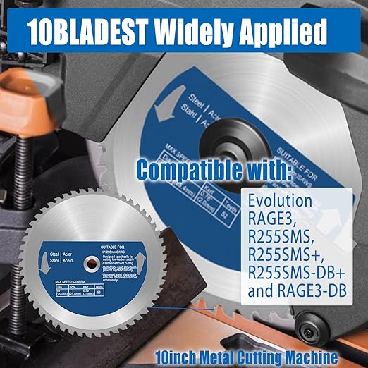 10 Inch Metal Cutting Saw Blade,Replacement for Evolution 10BLADEST Blade for Cutting Mild Steel and Ferrous Metals,52 Teeth,1 Inch Arbor,Compatible with Evolution Rage3,Rage3 DB Miter Saw