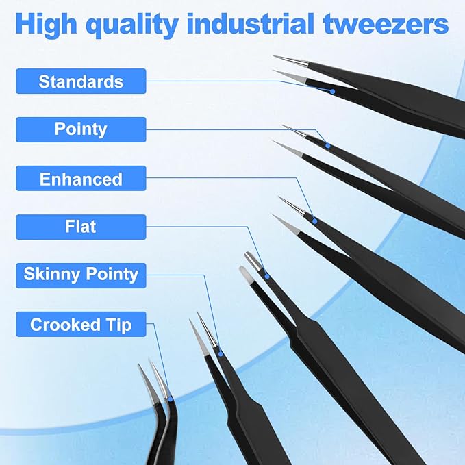 6Pcs Precision Tweezers Set,Upgraded Anti-Static Stainless Steel Tweezers, for Electronics Repair, Model Building, Soldering, Laboratory Work, Craft Essentials