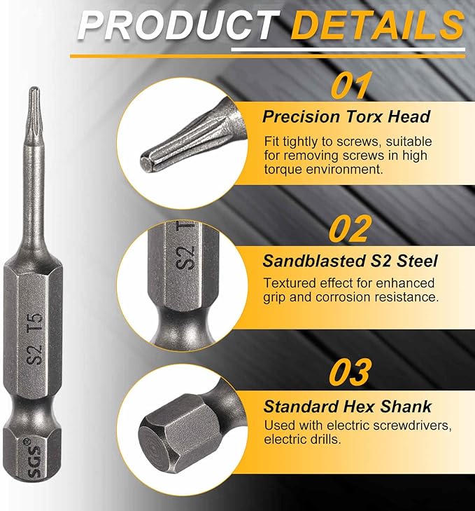 HARFINGTON 2pcs T5 Torx Head Screwdriver Bit 1/4" Hex Shank 2" (50mm) Long Magnetic No Hole Tip Tamper Proof 6 Point Star Screw Driver Drill Bits S2 Steel Industrial Power Screwdrivers