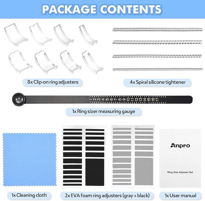 Anpro Ring Size Adjuster for Loose Rings, 52 Piece 4 Style for Different Band Widths Ring Sizer Adjuster Set, w/Polishing Cloth,Ring Size Measuring Tool