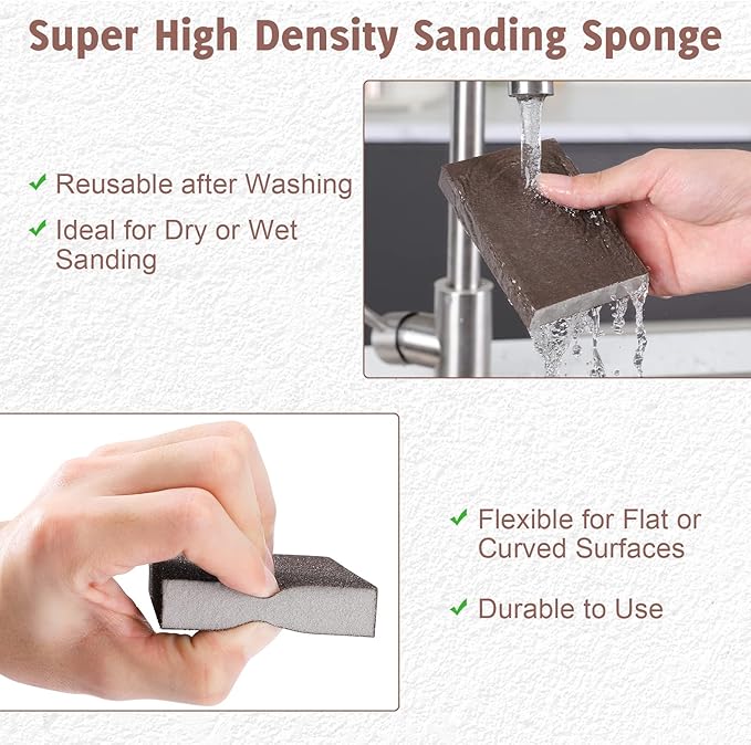 8PCS Sanding Sponge, Sanding Blocks of 60/80/120/220 Assorted Grits, Flexible & Reusable, Sandpaper Block for Wood Drywall Metal, Hand Sand Block for Wet or Dry Sanding, Flat or Curved Surfaces