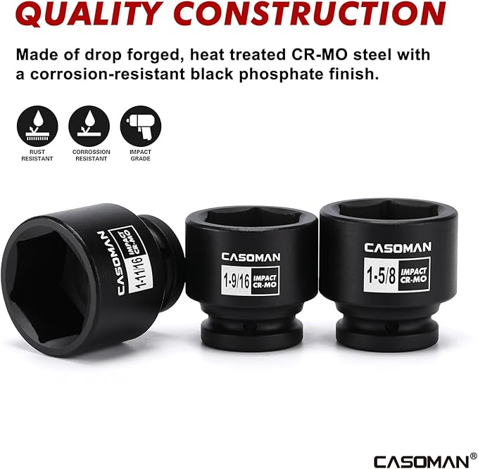 CASOMAN 29-Piece 3/4" Drive Shallow Spindle Axle Nut Impact Socket Set, 6-Point, Standard Large Socket Set, SAE (3/4" to 2-1/2"), CR-MO Steel, with Storage Case