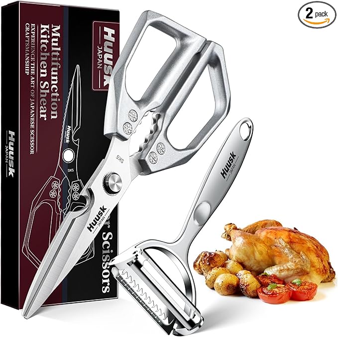 HUUSK Kitchen Scissors and Vegetable Peeler Set - Silver Stainless Steel Cooking Kitchen Shears for Food with Serrated Peeler, Heavy Duty Japanese Dishwasher Safe Meat Scissors, Gift for Men
