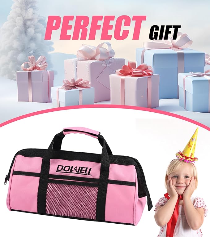 DOWELL 14 Pieces Kids Real Tools Pink Tool Set竊똖ool Kit with Storage Bag for Boys, Girls, Children DIY Building and Woodworking, Age 8+