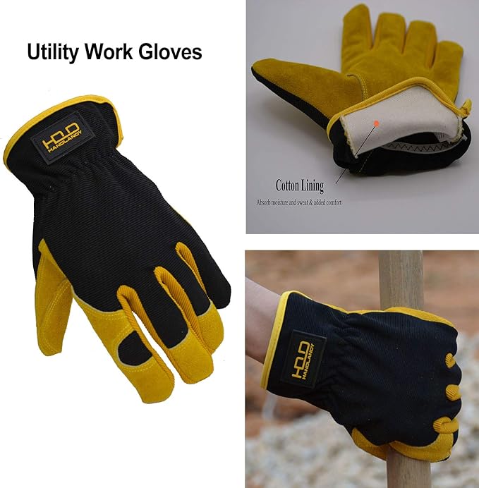 HANDLANDY Men Leather Gardening Gloves, Utility Work Gloves for Mechanics, Construction, Driver