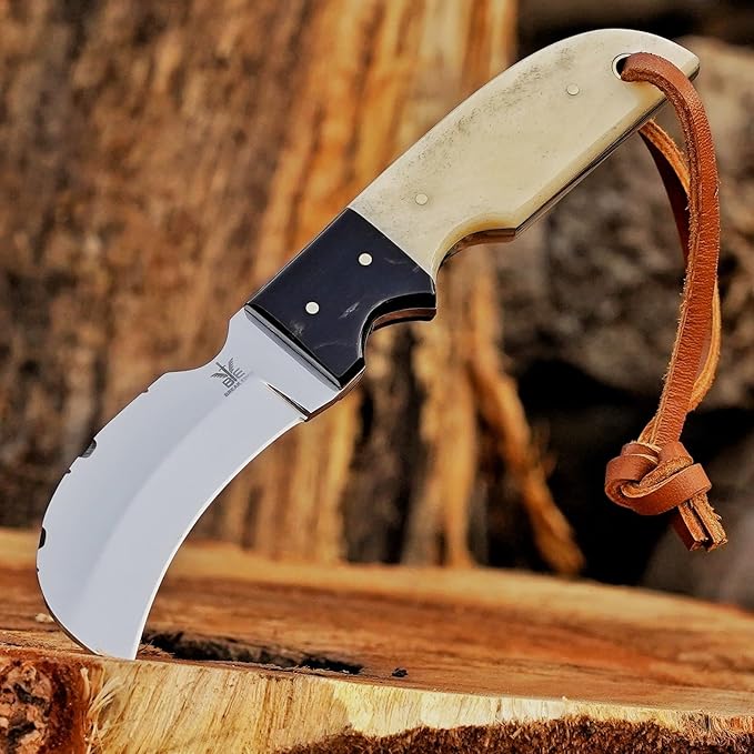Handmade Stainless Steel Lineman’s Hawkbill knife with Leather sheath, Heavy Duty Utility Knife blade Electrician Wire Skinning knife for professional. (Camel & Black)