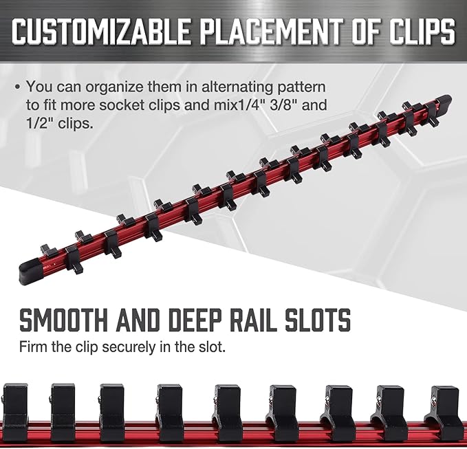 ALOANES 3-Piece 1/2-Inch Drive Aluminum Alloy Socket Organizer, Heavy Duty Socket Racks, Socket Holder Kit for Toolbox Drawer Fit 1/2-Inch x 48 Clips (Red)