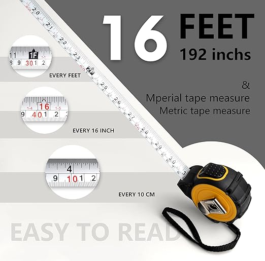 16ft(5-Meters) Tape Measure, Self-Lock, Dual Scale,Easy Read Measuring Tape